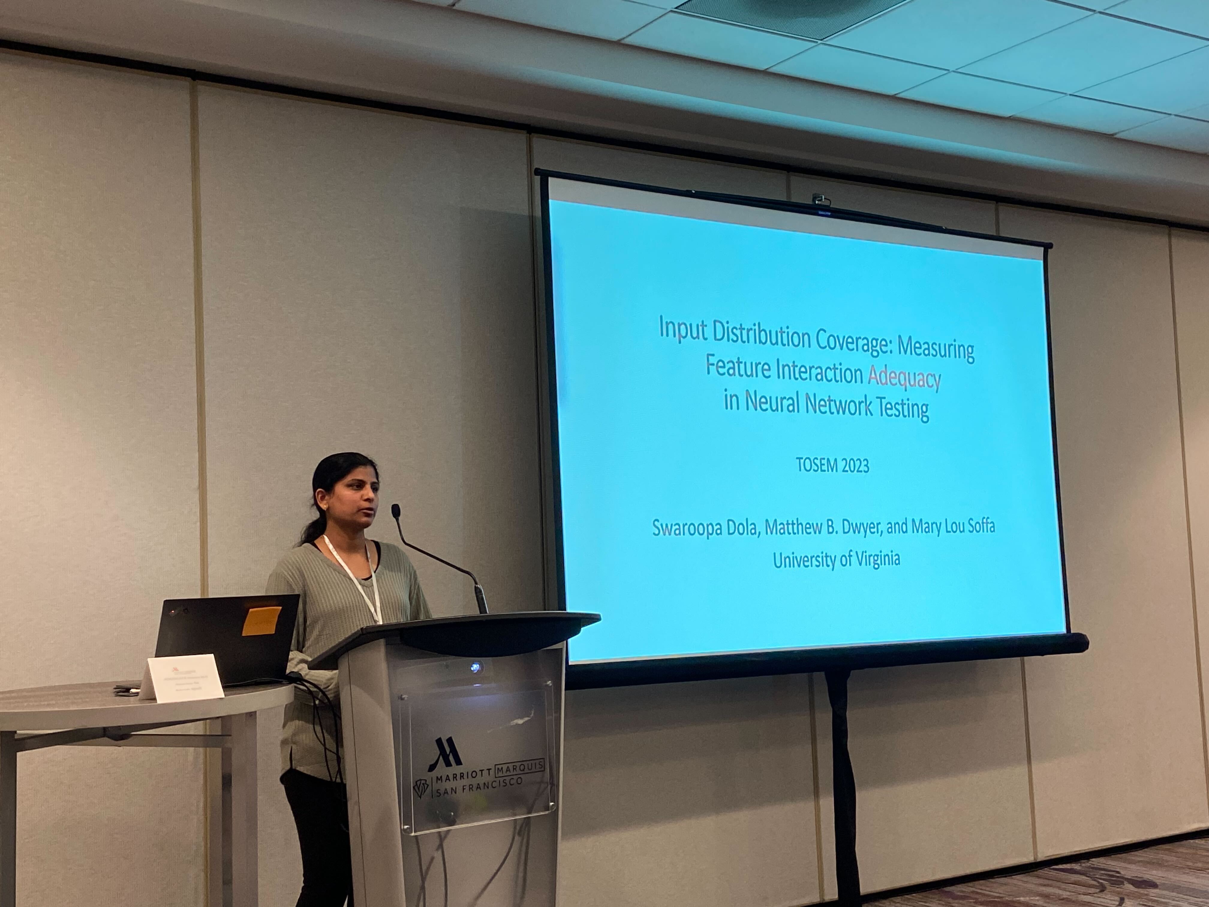 Swaroopa presents her research titled _Input Distribution Coverage: Measuring Feature Interaction Adequacy in Neural Network Testing_ at FSE 2023.