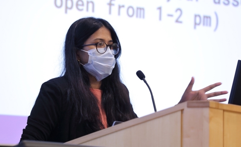 Soneya welcomes attendees to the research symposium that she organized with the Computer Science Graduate Student Group.